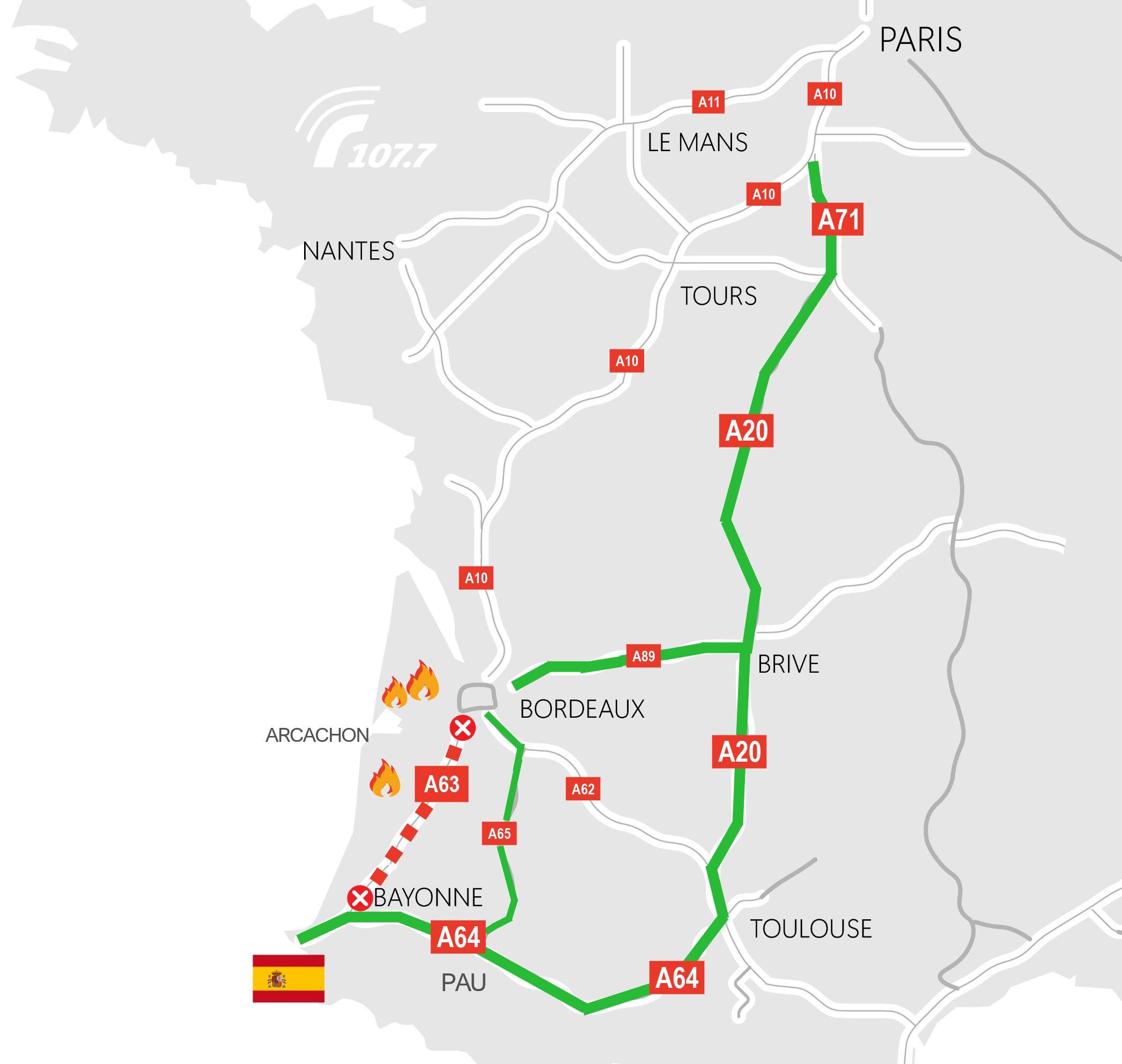 Carte. Feux près de Bordeaux, A63 fermée sur 170 km, bouchons à Bayonne : situation lundi 27 juillet