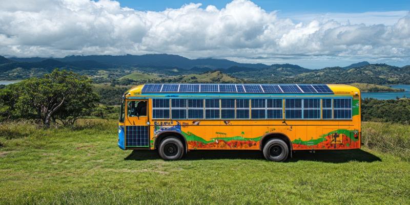 illustration de Grâce à un bus converti à l’électrique et au solaire, ils voyagent sans carburant