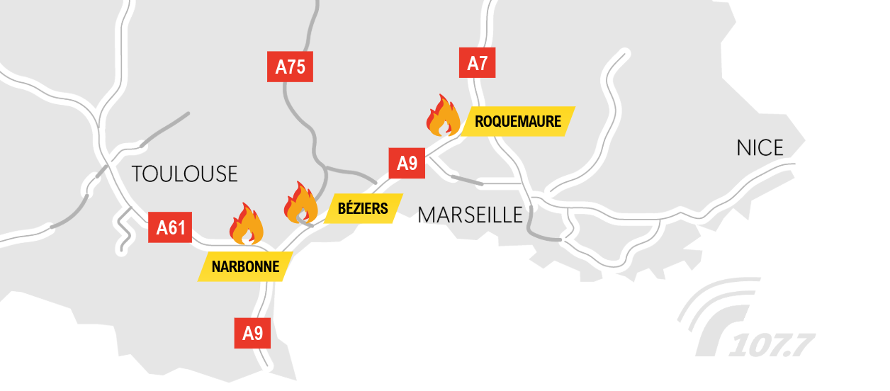 En direct • Feux de végétation sur A9 : coupures et bouchons autour d’Orange, Béziers et Narbonne